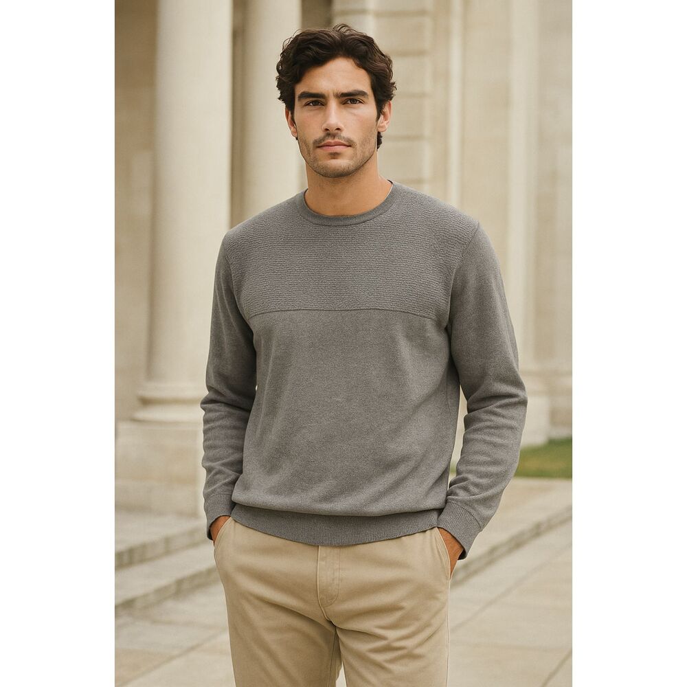 Helmut Lang Cashmere Cotton Blend Contrasting Stitch Crewneck Sweater in Gray M